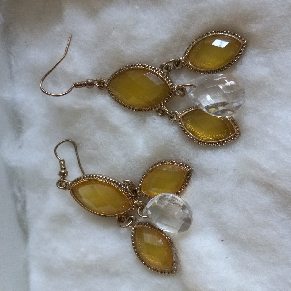 Gold Tone Dangle Yellowish Faux Stone Earrings 2.5"